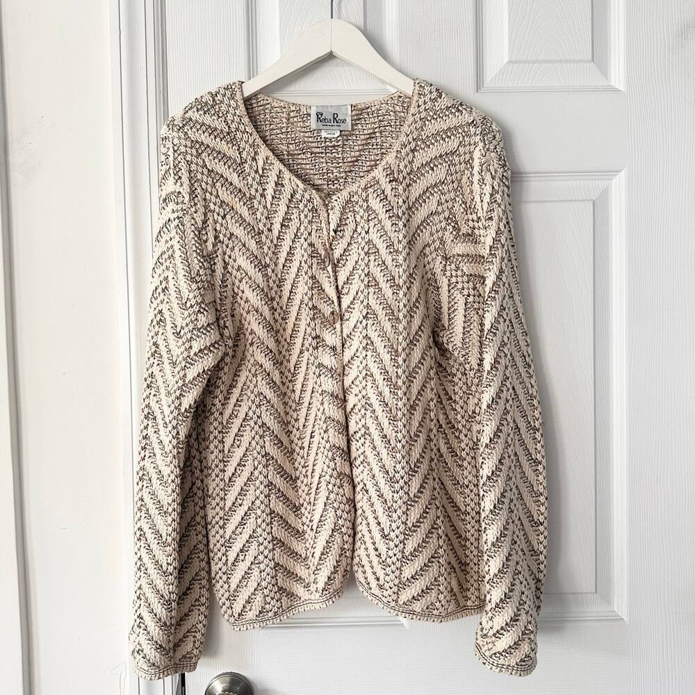 Reba Rose Vintage Beige Gray Chevron Knit Button Cardigan USA Cotton Large Cozy